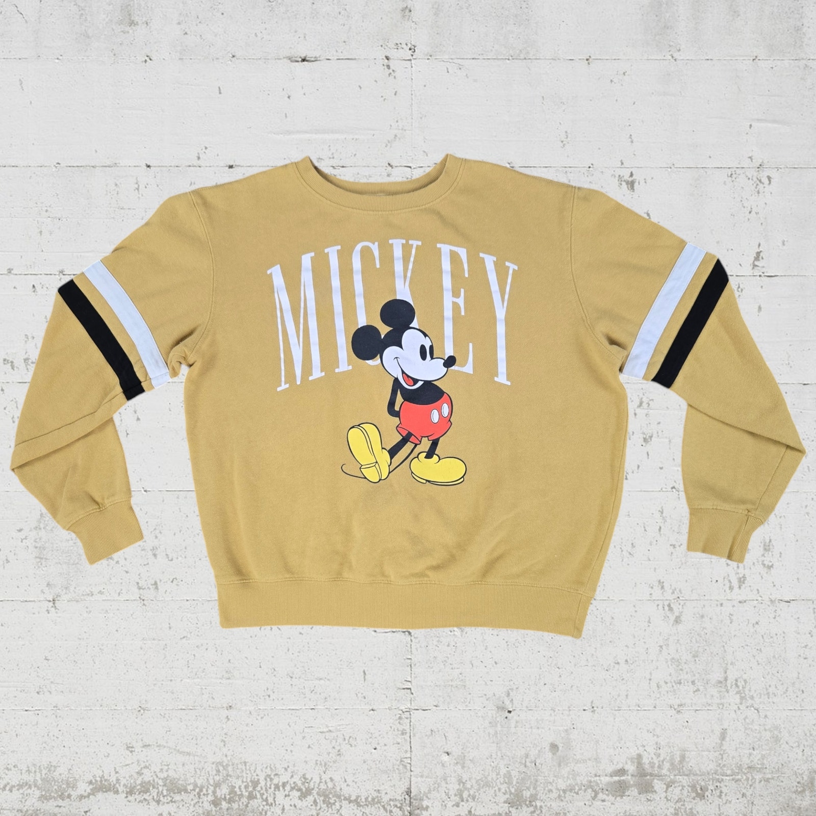 Disney Mustard Yellow Retro Mickey Mouse Campus Crewneck Sweater Size Large