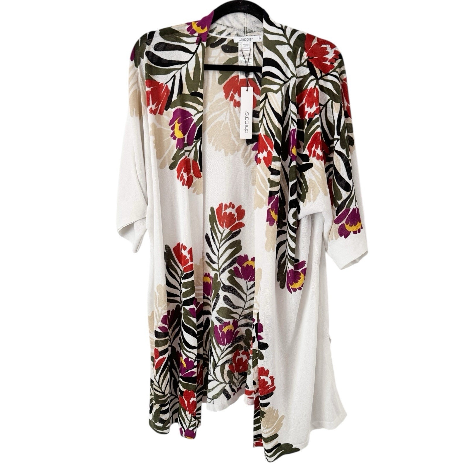 NWT Chicos Cape Blooms Summer Romance Midi Cardigan Sweater Sz Large Tropical