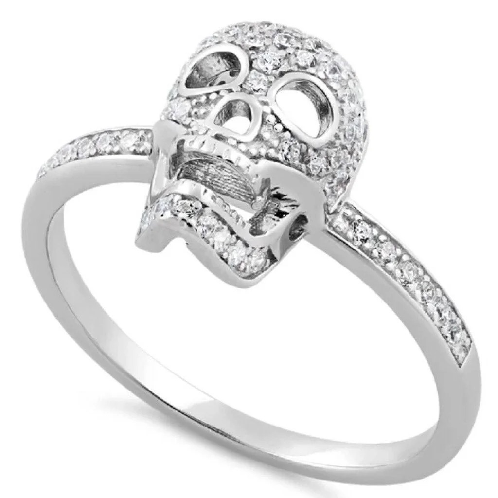 Size 7, 925 STERLING SILVER Dainty Cubic Zirconia Skull Ring