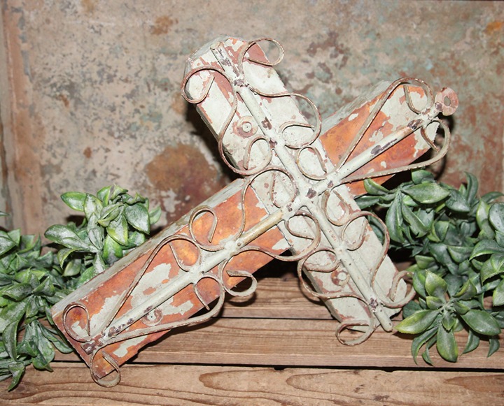 Lrg Chippy Distressed 16.5 VTG Old World French Country Wood Wrought Iron Cross