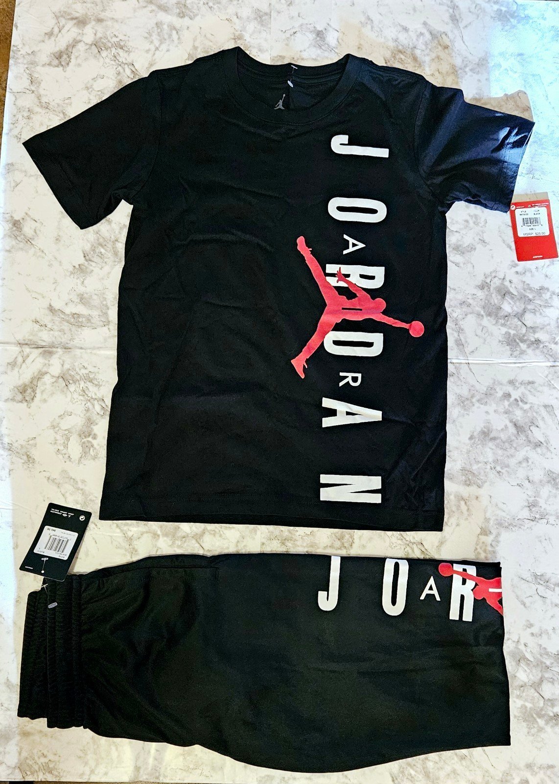 NWT Nike Air Jordan Boys Black/White/Red BIG LOGO Joggers Pants & Shirt LARGE