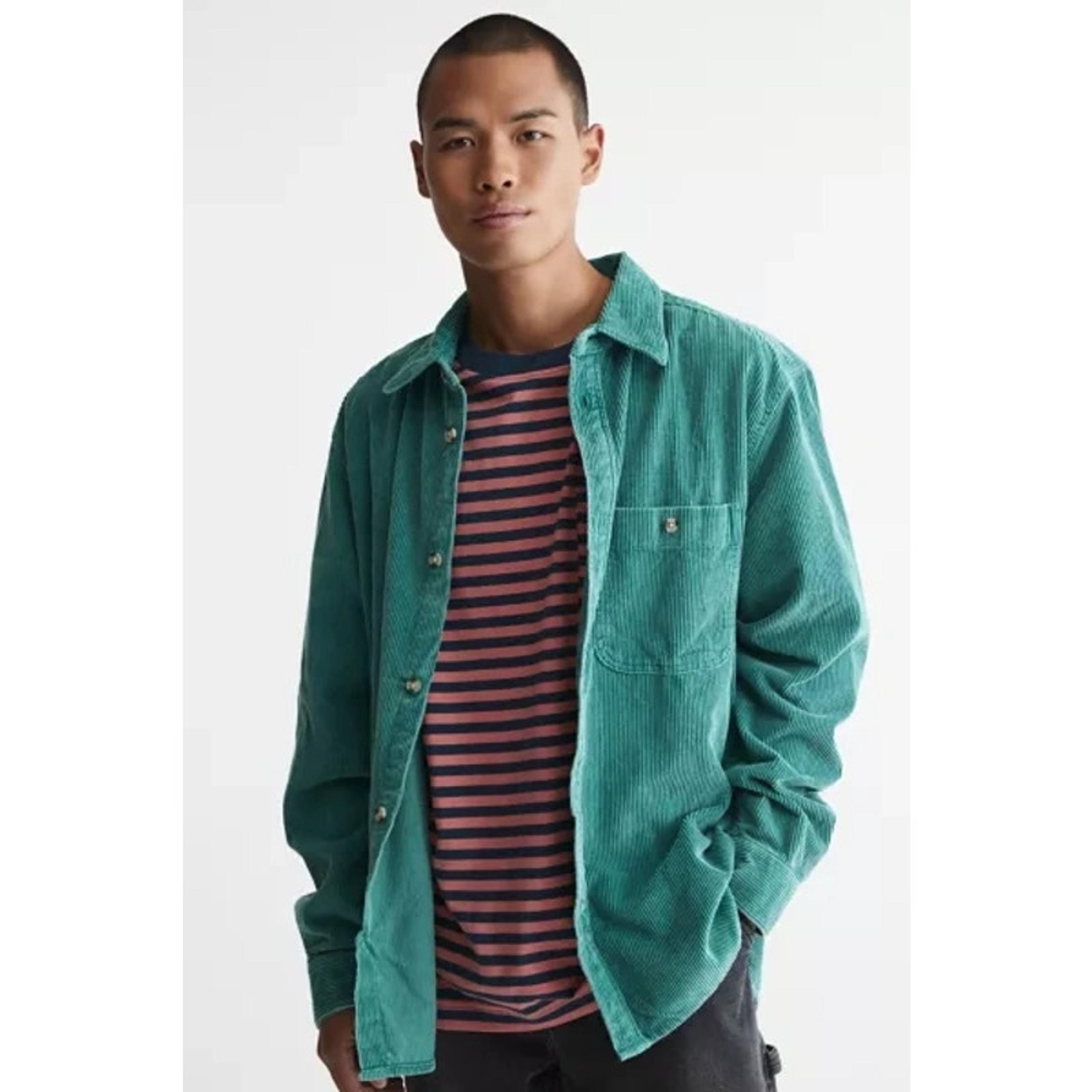 Urban Outfitters Men Turquoise Blue Big Corduroy Button Work Shirt Shacket LRG