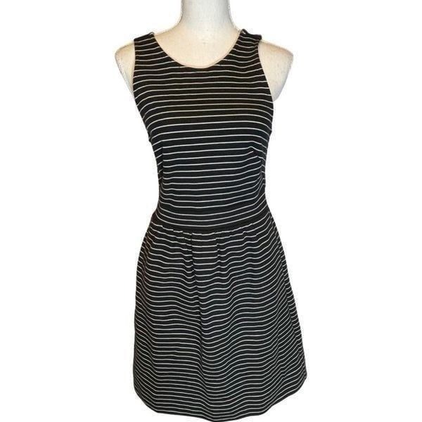 MADEWELL fit and flare, heavy cotton dress, black w/ white stripes