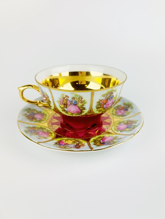 Bavaria Germany Fragonard Gold Plated Tea Cup Set - Beehive/Shield red