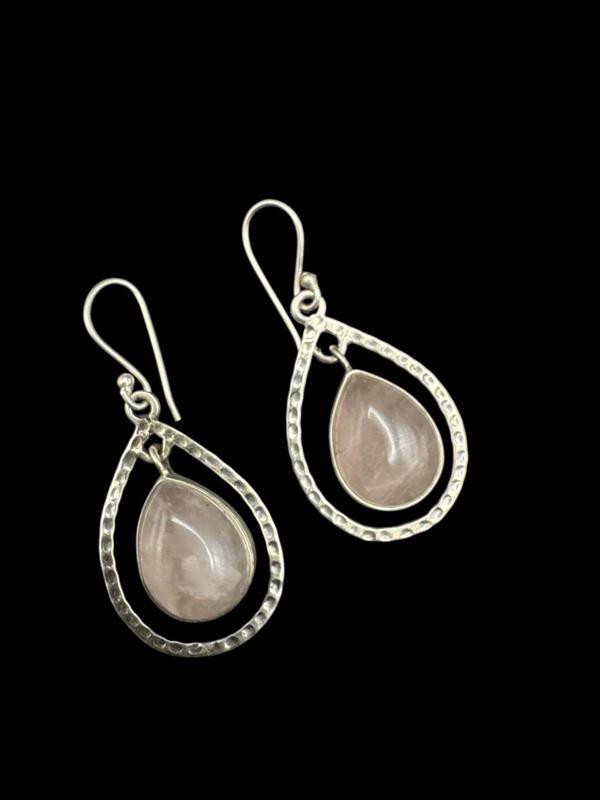 Vintage Sterling Silver Rose Quartz Teardrop Hoop Earrings 1 3/8”