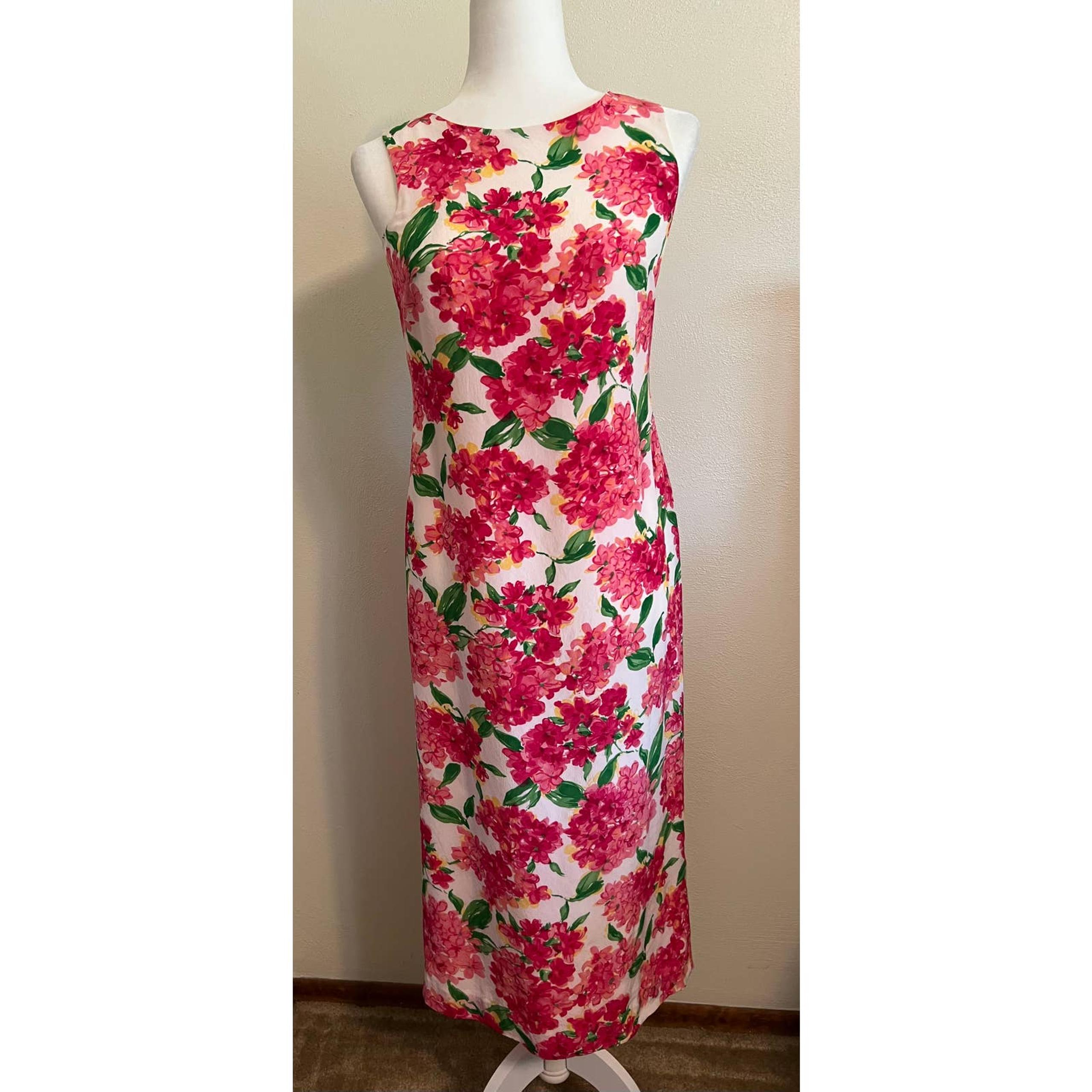 Talbots Petites Silk Pink Floral Dress Maxi Back Slit Lined Sleeveless Size 2
