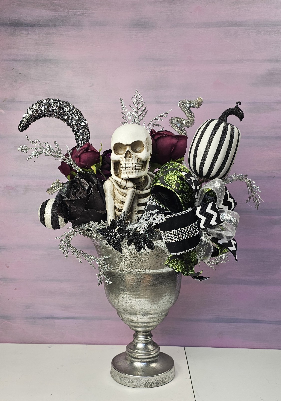 XL Deluxe Halloween Centerpiece- Floral Arrangement with Skeleton in Large Urn