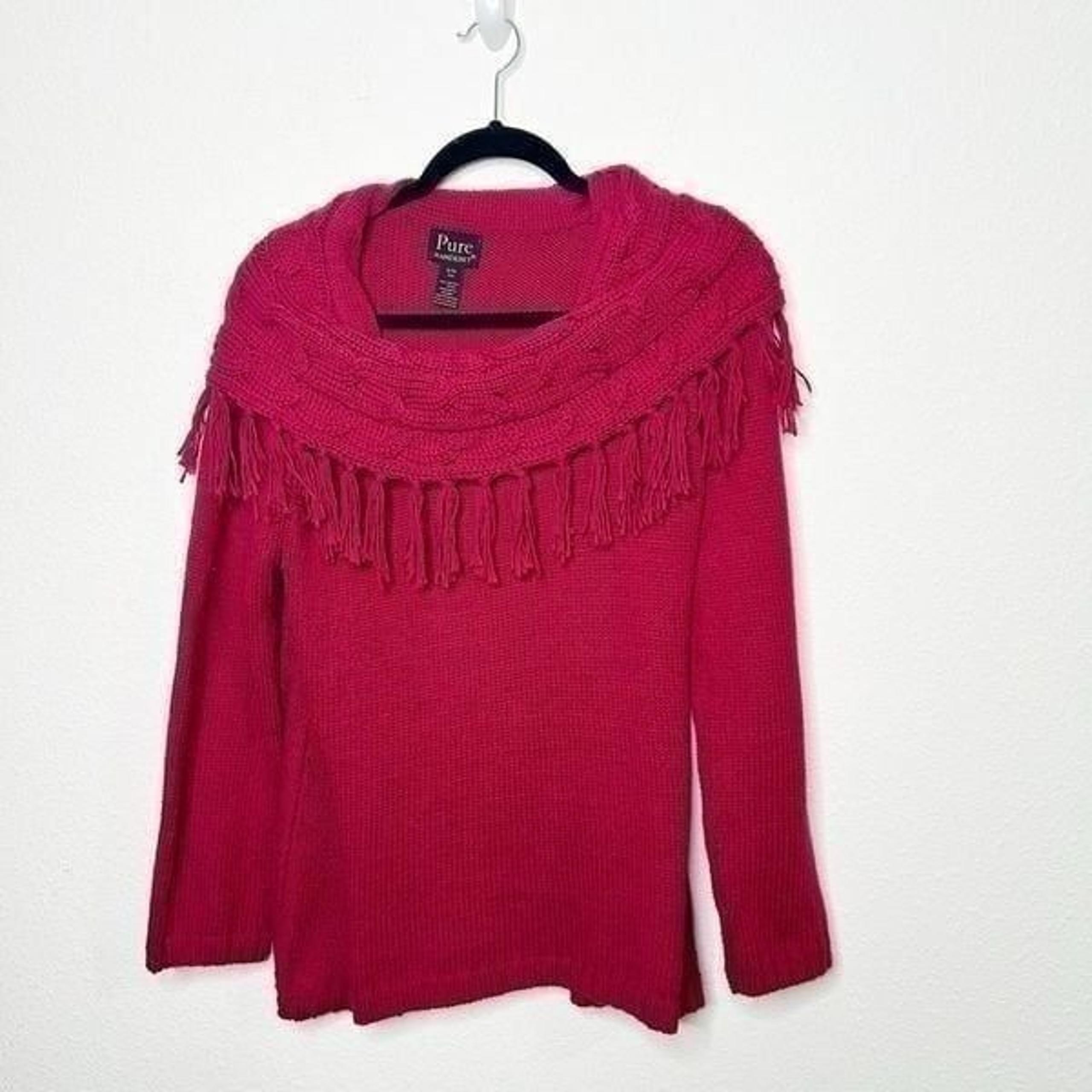 Pure Handknit Women’s Red Fringe Cowl Neck Cotton Sweater Size S/M