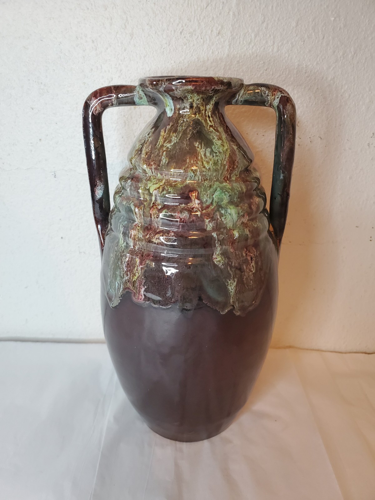 Antique Turn Of Century French Urn Pottery Brown With A Green/Maroon Glaze
