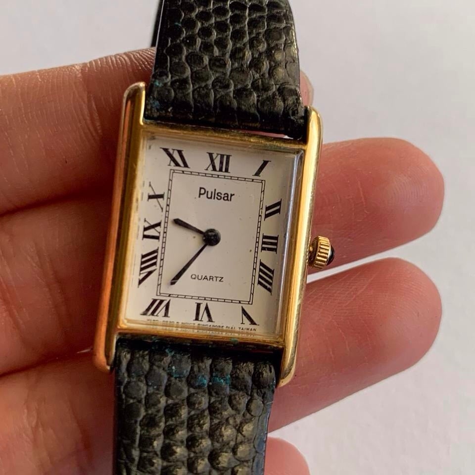 Vintage Gold tone Pulsar square watch with black leather strap