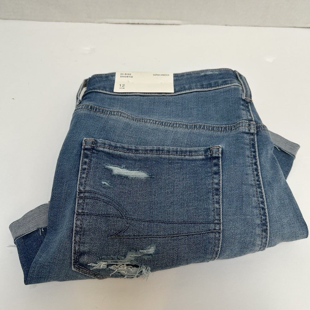 American Eagle NWT Super Stretch Hi-Rise Shortie Denim Distressed Cuffed Size 12