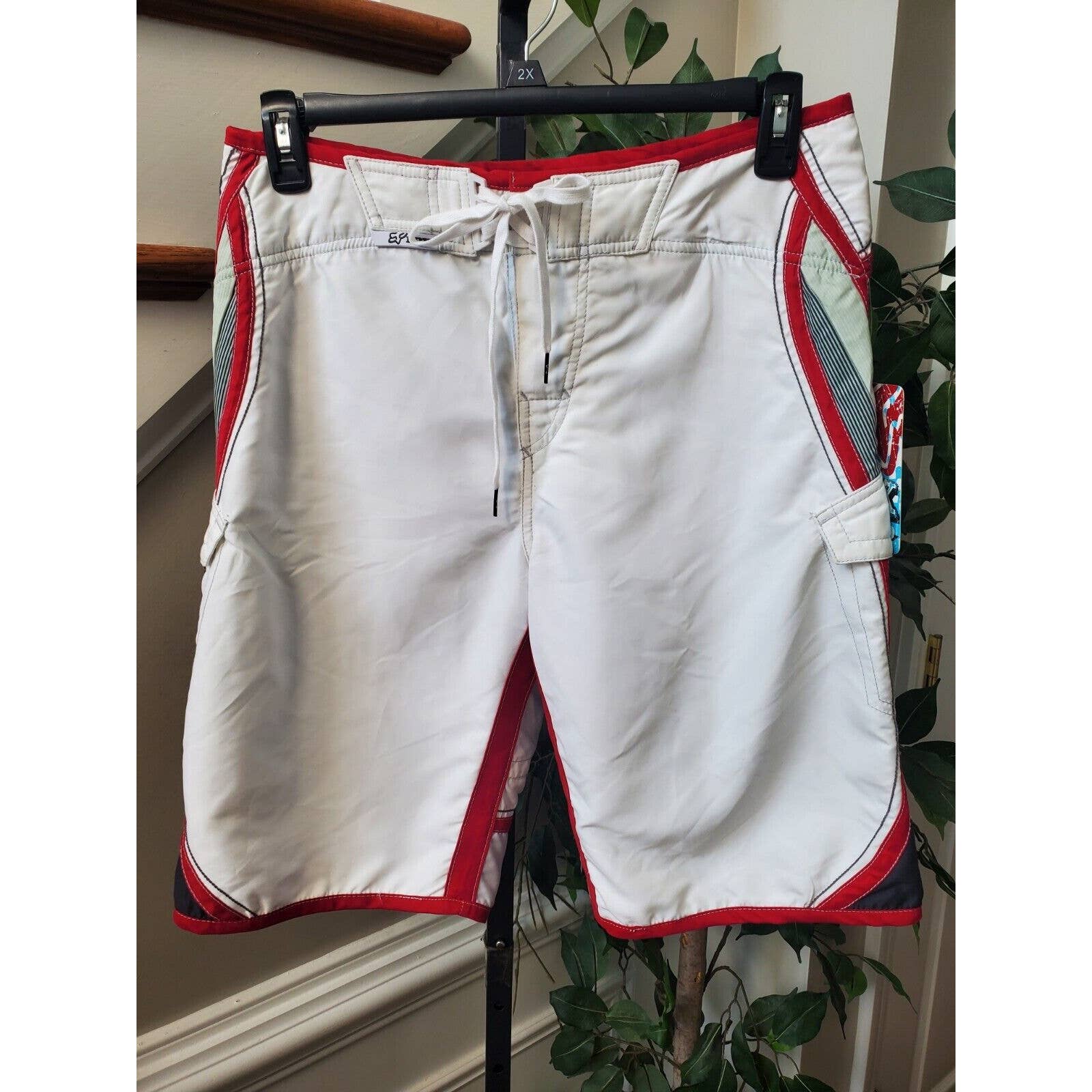 Fox Board Men's Red & White 100% Polyester Pull On Swimwear Shorts Size 32