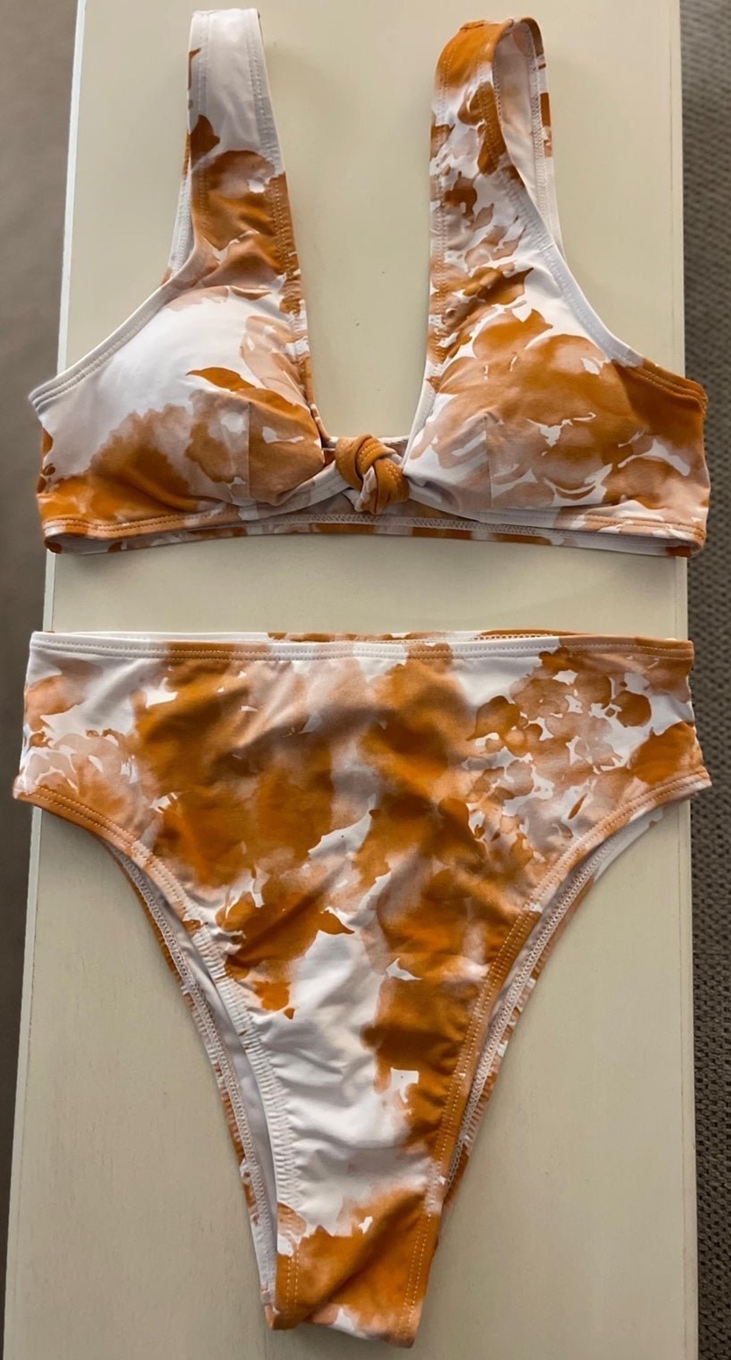 Mono b Cabana Floral Burnt Orange High-Waisted Two-Piece Bikini Swimsuit Set - S