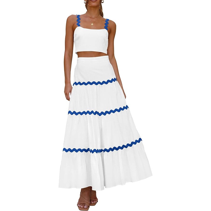 PrettyGarden Size XXL White Blue Matching Set Crop Tank Maxi Skirt Summer NWOT