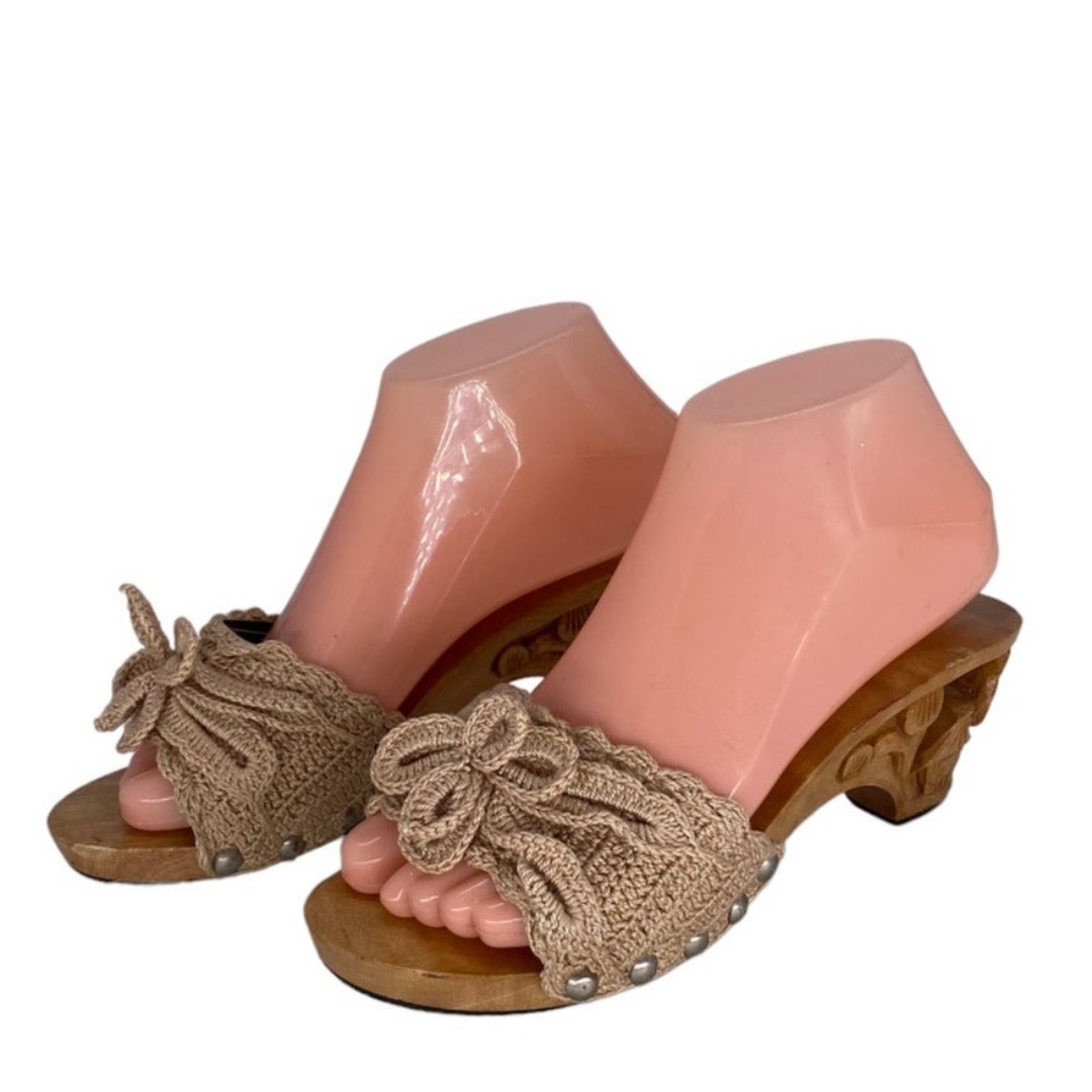 Vtg Bakya handcarved wooden heel tree palm crochet beige top slide tiki hut Sz 7