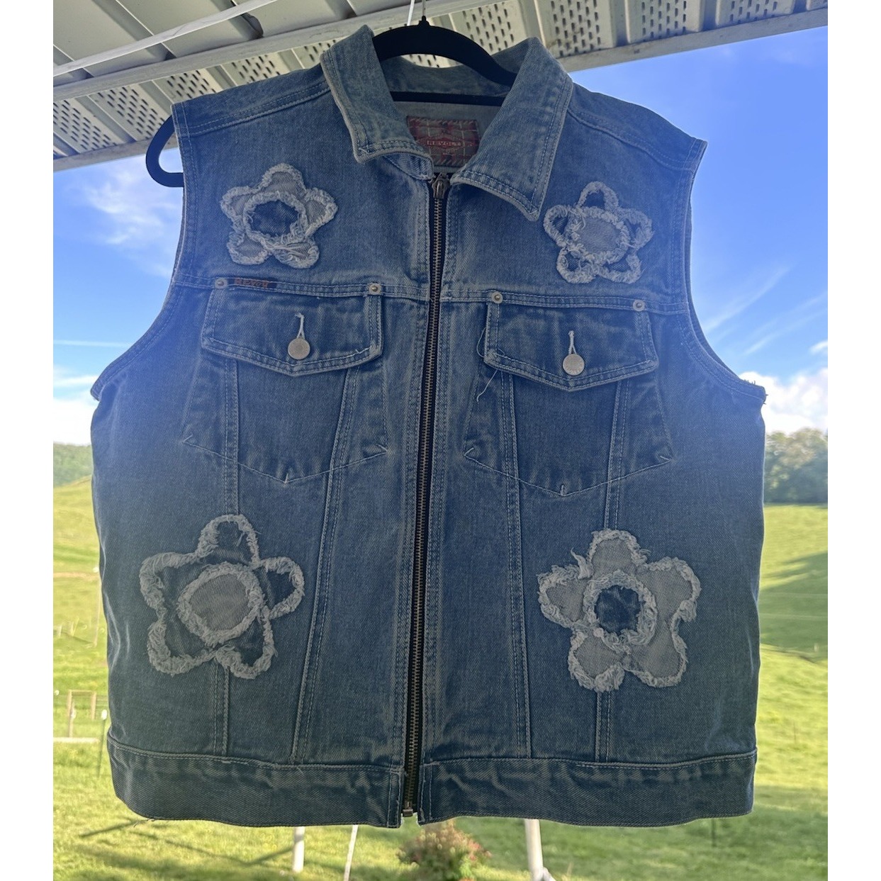 VTG Revolt 90's Zip Up Jean Denim Vest Size 14 Floral Long Sleeveless Distressed