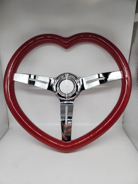 NEW 340mm 13.5 Universal Heart Shaped Red ABS Steering Wheel Chrome Spoke