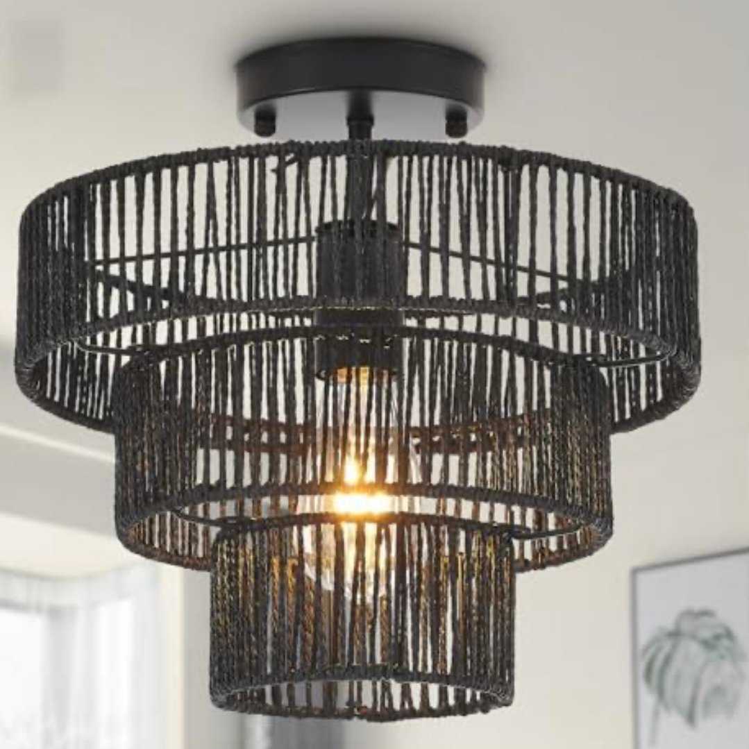 Stylish black woven ceiling light fixture. Perfect for modern interiors. YOMECOO