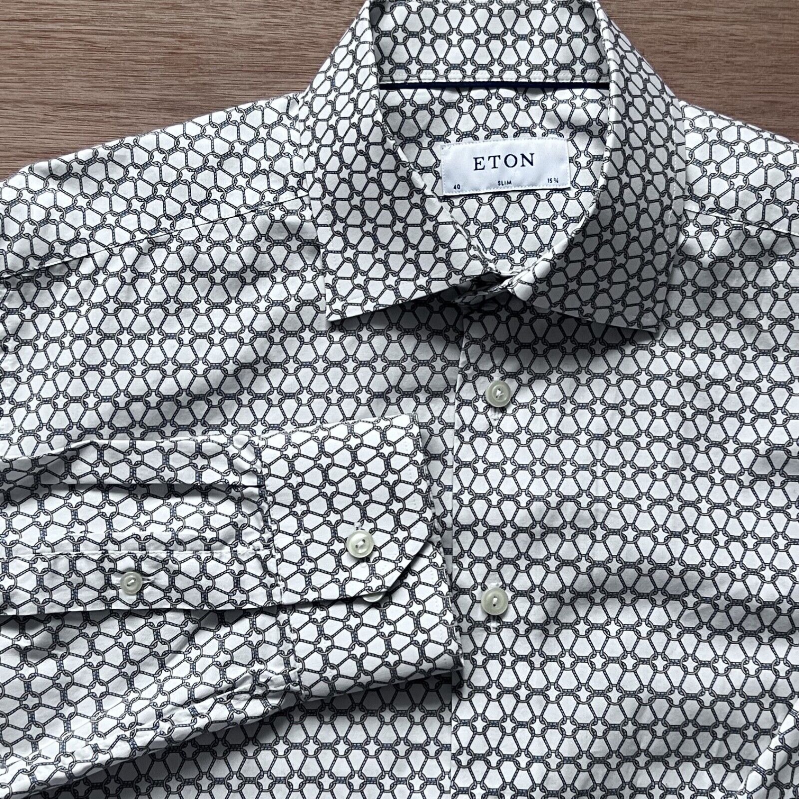 Eton men's button up dress shirt slim size 15 3/4 40 chain print l/s cotton