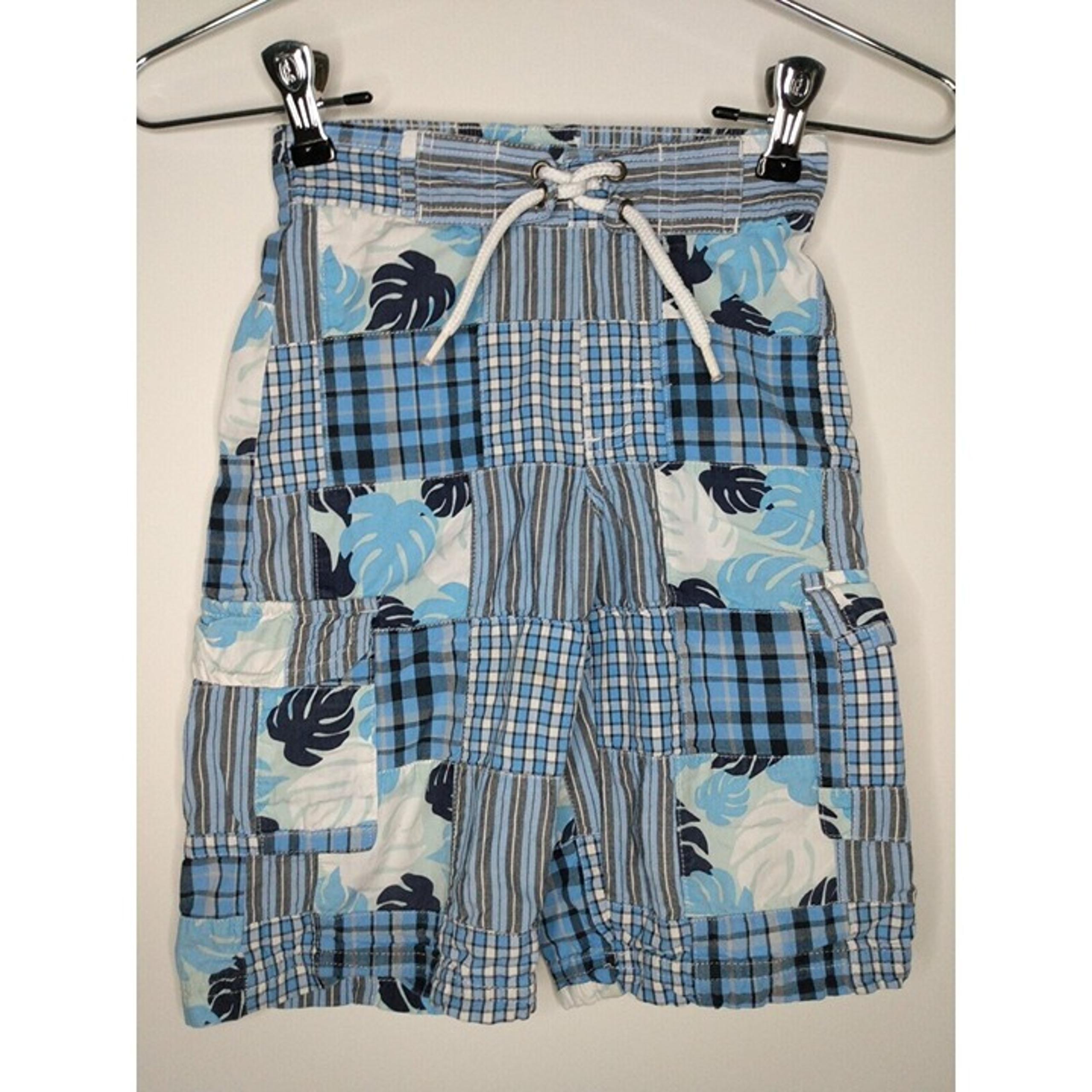 Boys Size 4 Long Board Shorts Trunks Blue Square Palm Trees - Gymboree