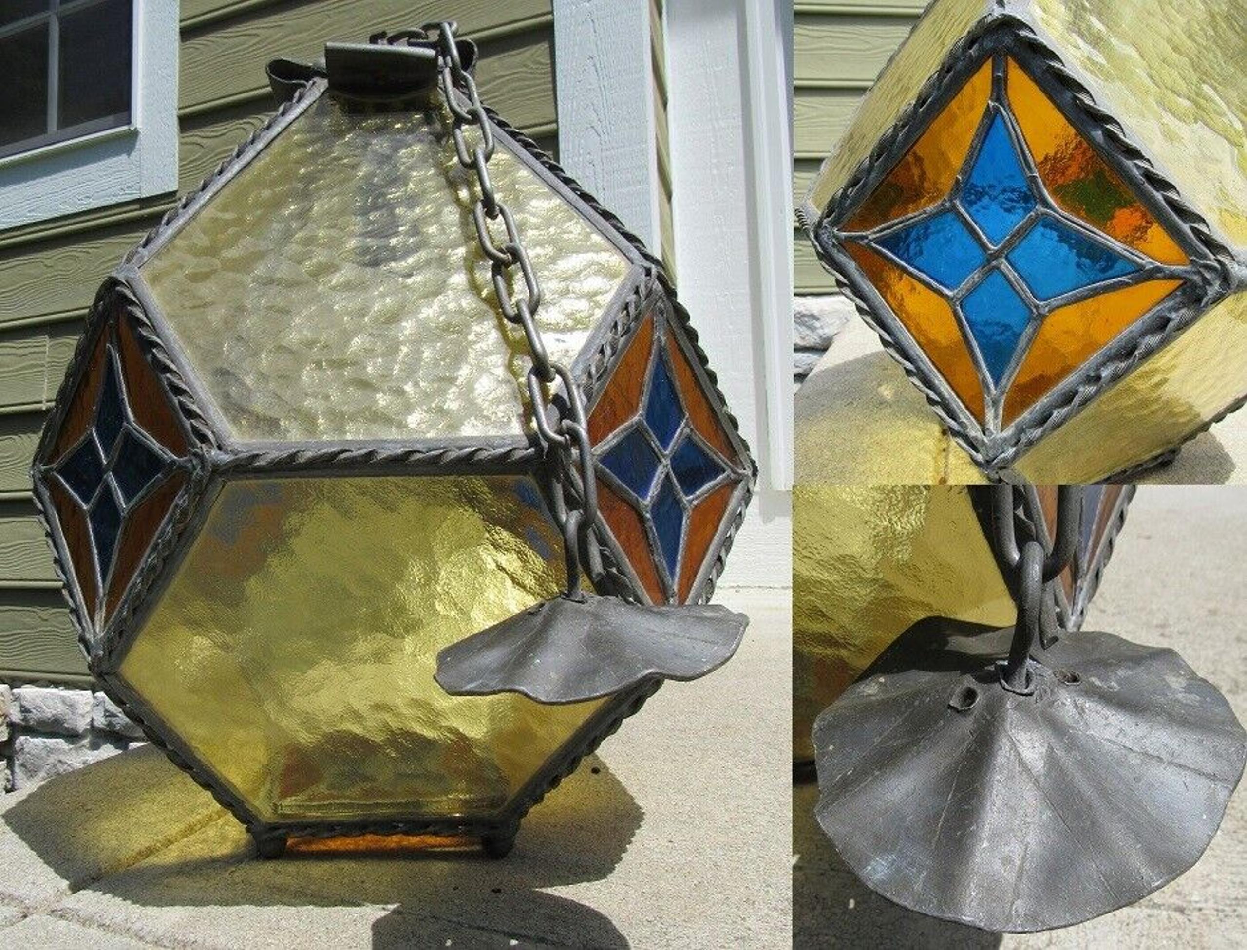 ANTIQUE Arts Crafts LARGE mission LEADED STAINED GLASS hanging lamp WROUGHT IRON