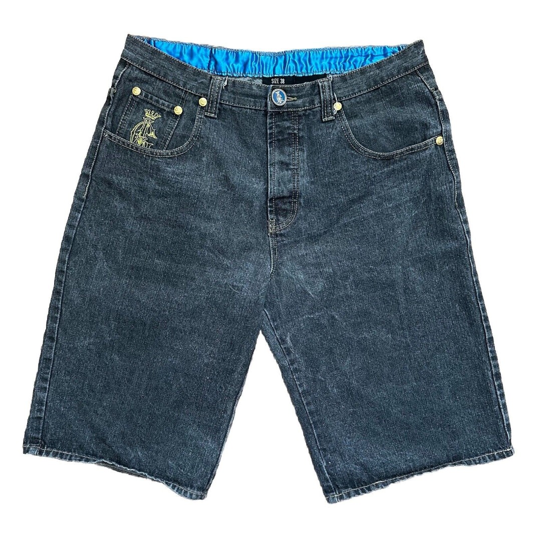Y2K Christian Audigier Skulls And Pot Leafs Embroidered JNCO Style Jean Shorts
