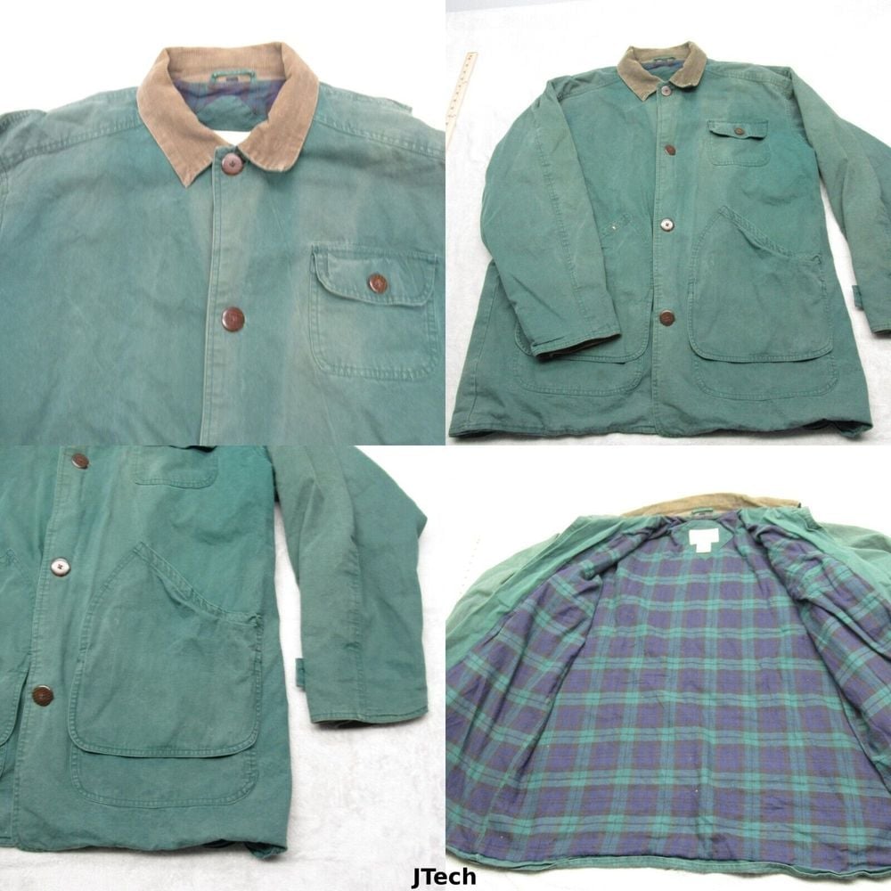 Vintage Chore Utility Jacket Mens Large Green Pockets Button Front Barn 80s