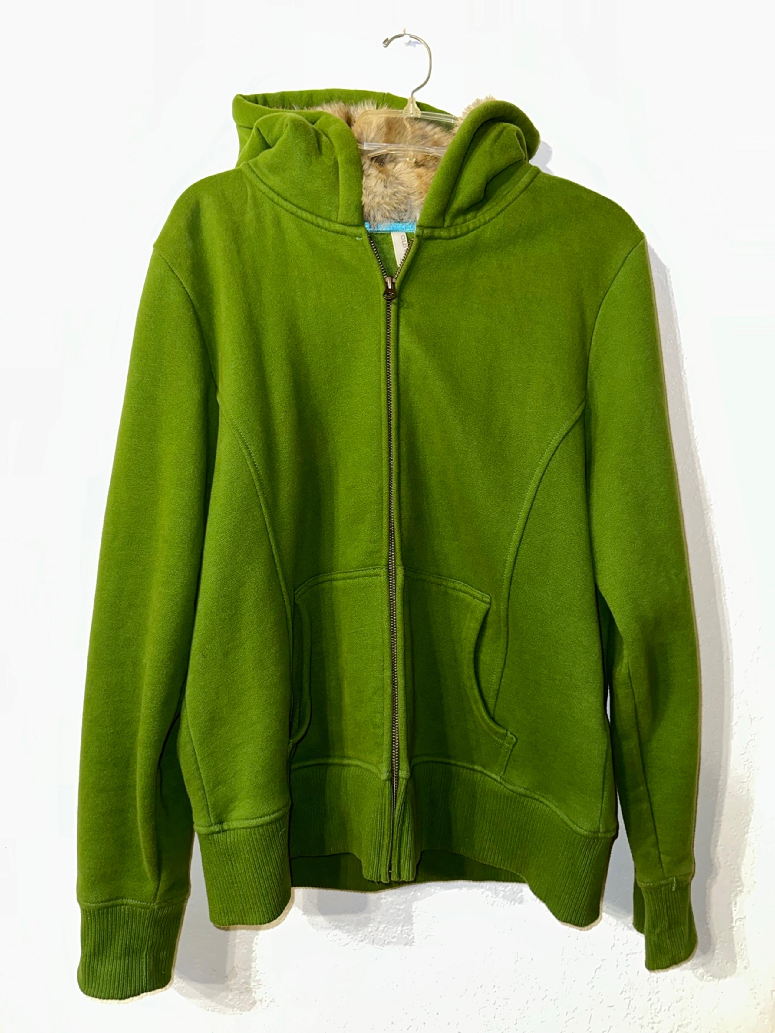 Old Navy Womens Green Faux Fur Lined Hoodie Fleece Zip Up Jacket XXL