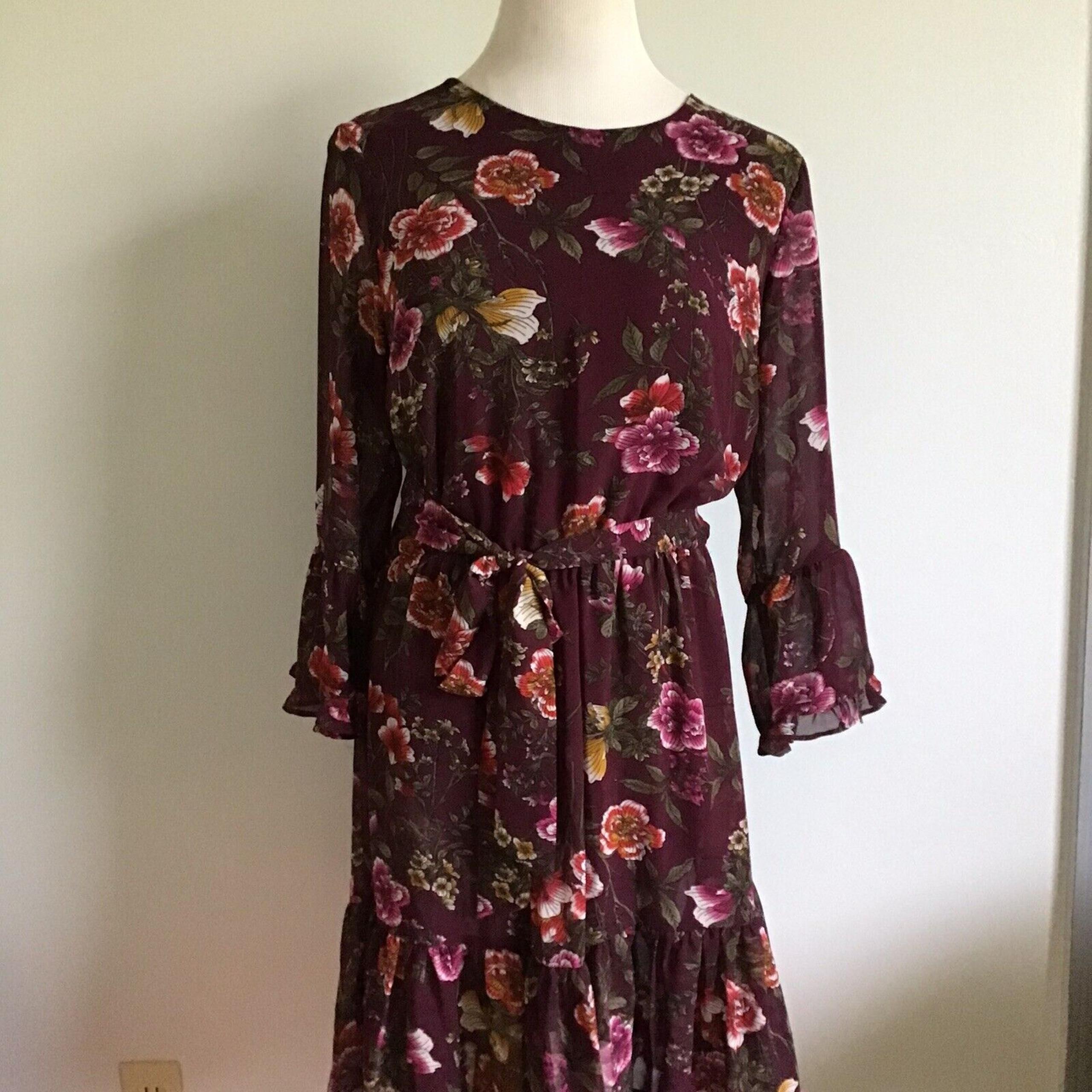 Chelsea Taylor Maroon Burgundy Floral Ruffle Dress - Sz 12 Large