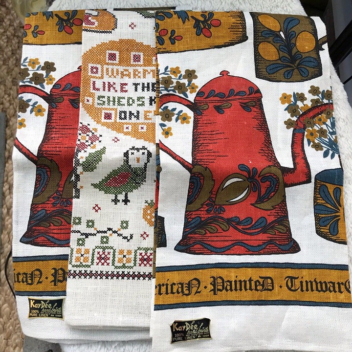 3 Vintage Kay Dee Hand Prints Linen Kitchen Towels Tinware & Cross stitch