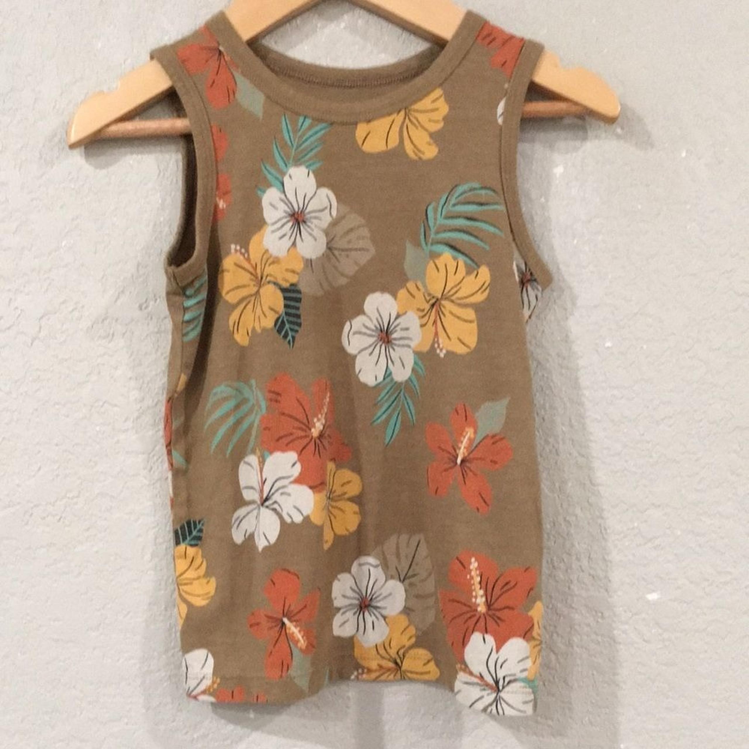 Cat & Jack Boys Sz 2T Tank Top Brown Floral Hawaiian Summer Colorful Coastal