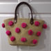 Samantha Vega Bag Basket Beige & Pink Pom-Pom Large Tote - Drawstring closure