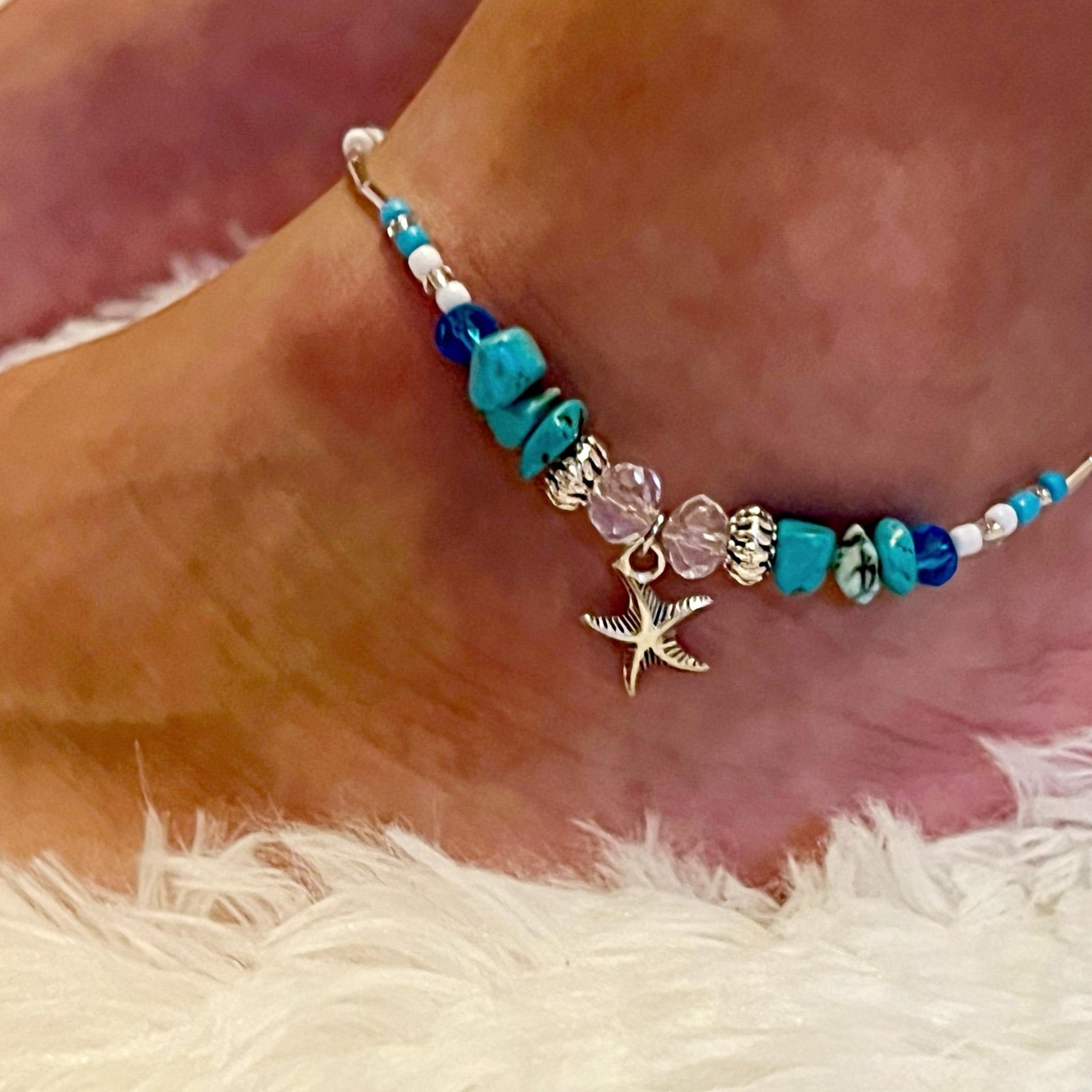 New Starfish Beach Boutique Silver Turquoise Beaded Anklet Summer Jewelry