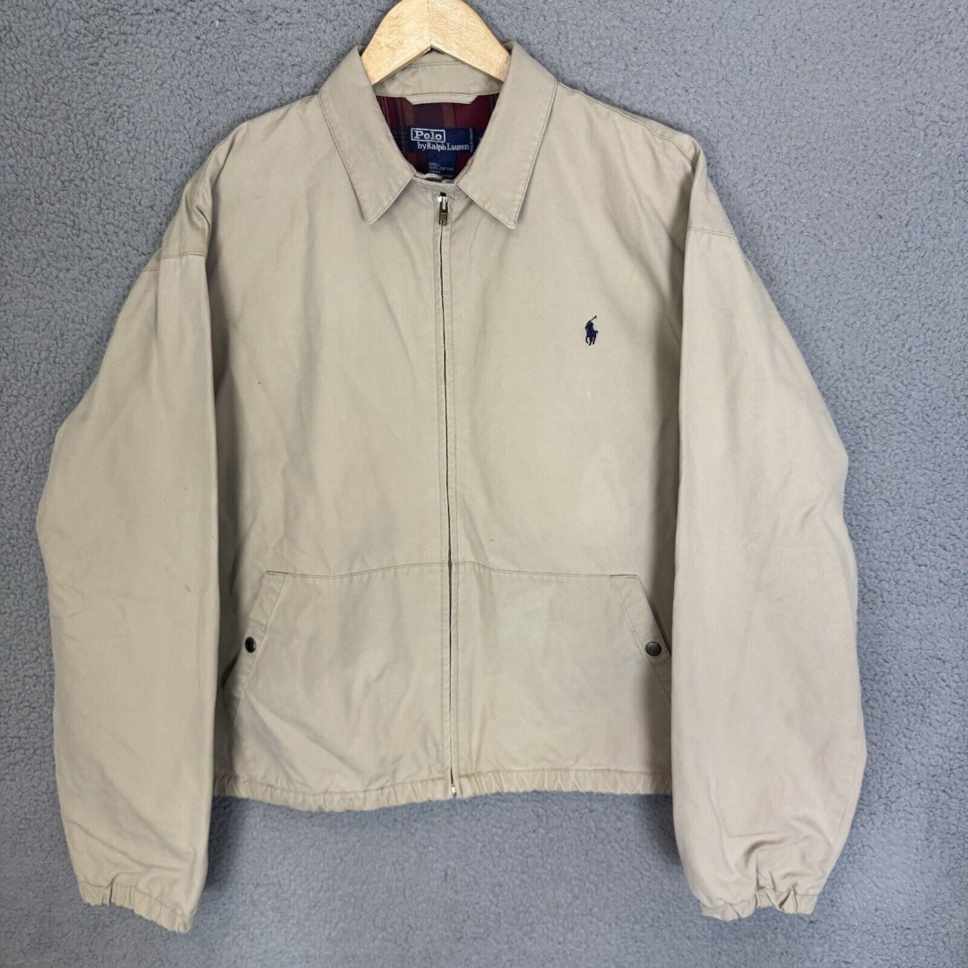 Polo Ralph Lauren Jacket Mens L Beige Harrington Plaid Lined Casual Full Zip