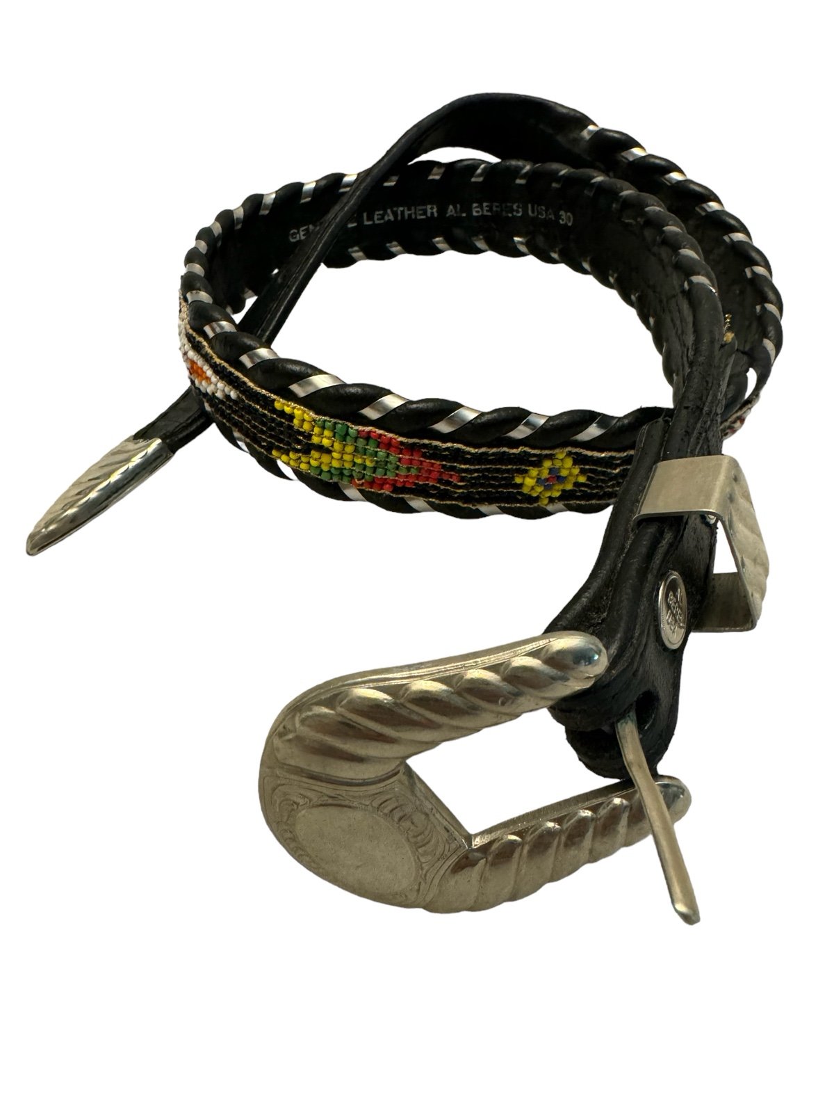 Al Beres USA 30” Black Beaded Leather Belt German Sterling Silver Western