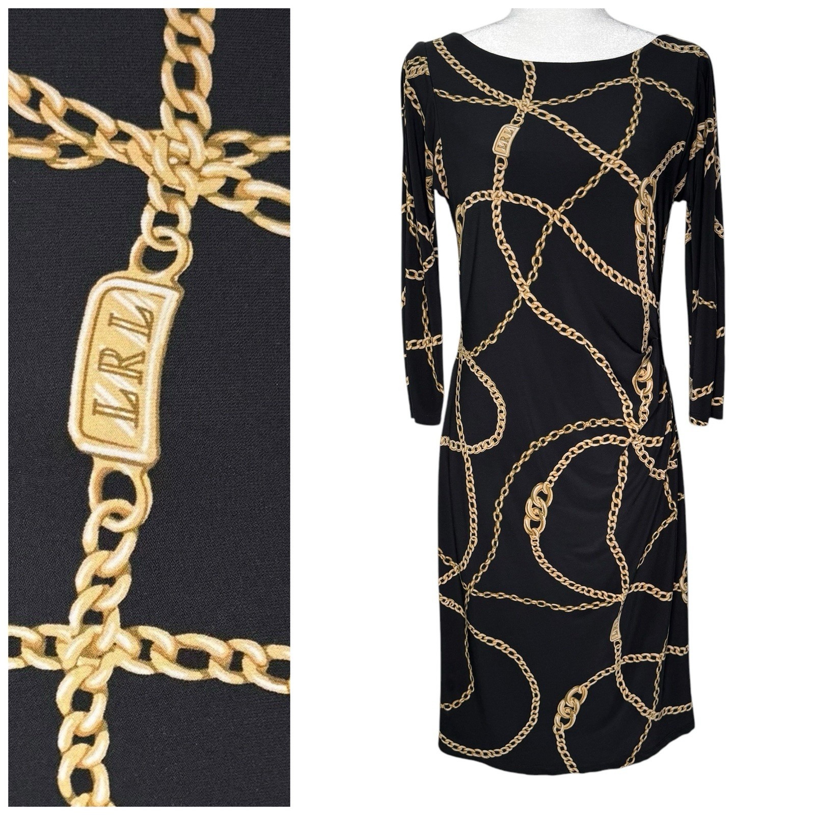 LRL Ralph Lauren Dress 8 Chain Print Matte Stretch Ruched Equestrian Old Money