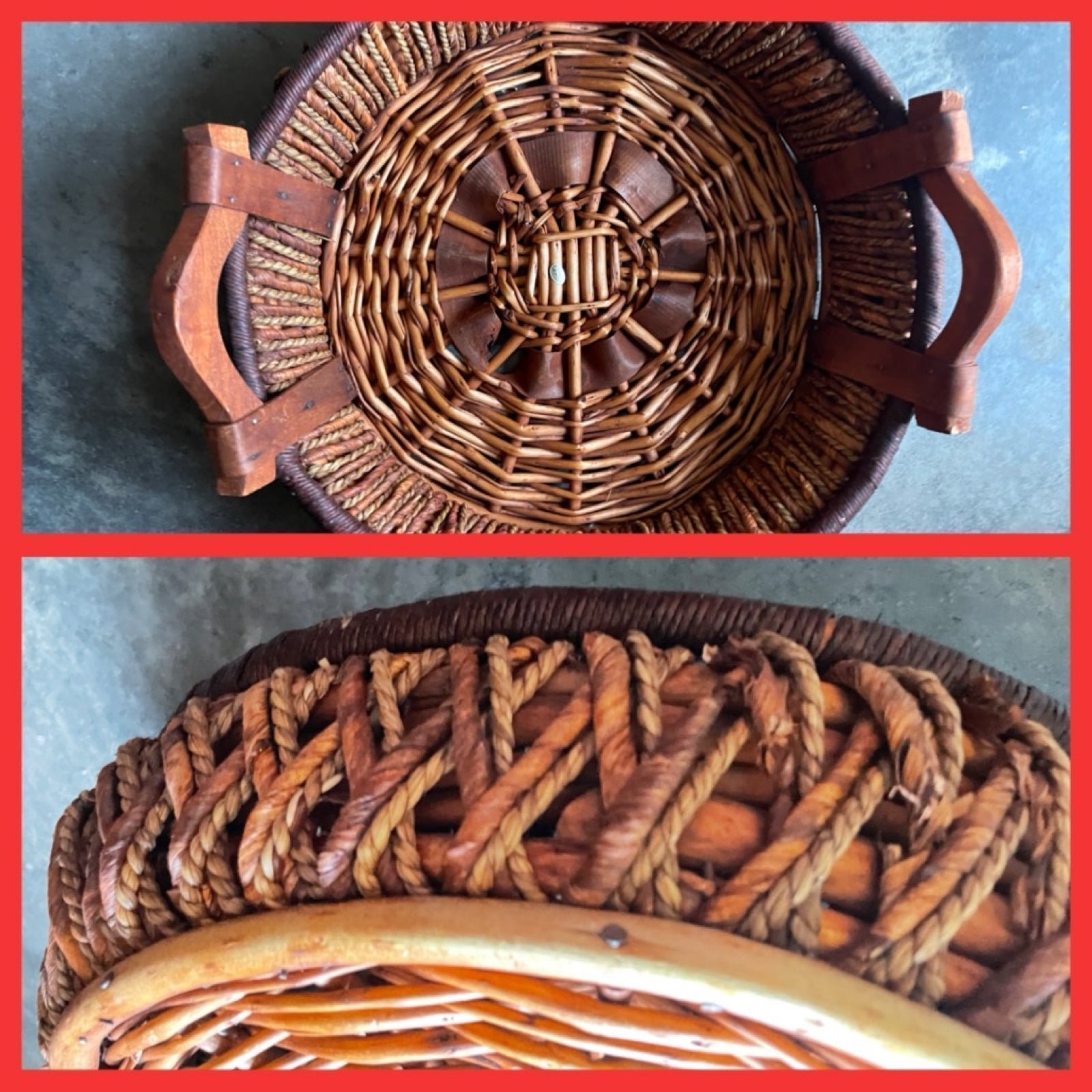 Large Vintage Bamboo & Willow and Rope Basket w/wood handles