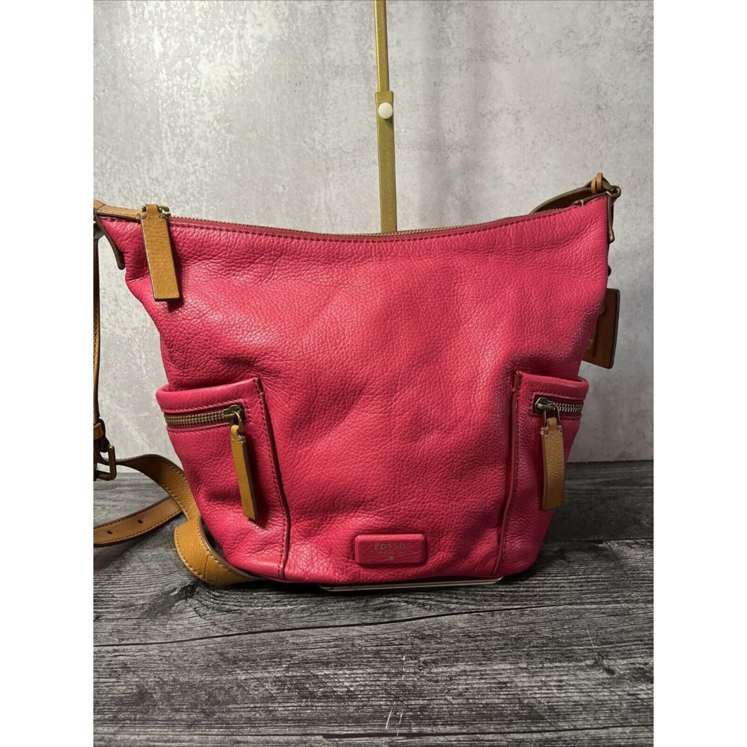 FOSSIL Emerson Hot Pink Leather Hobo Crossbody Bag Pebble Leather