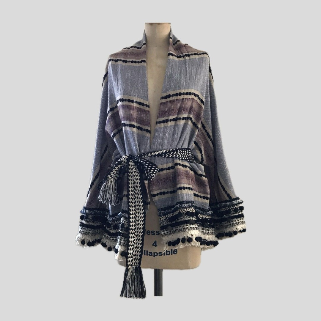 Zara Blue Striped Woven Cotton Belted Fringe Boho Long Sleeve Kimono Top NEW XS