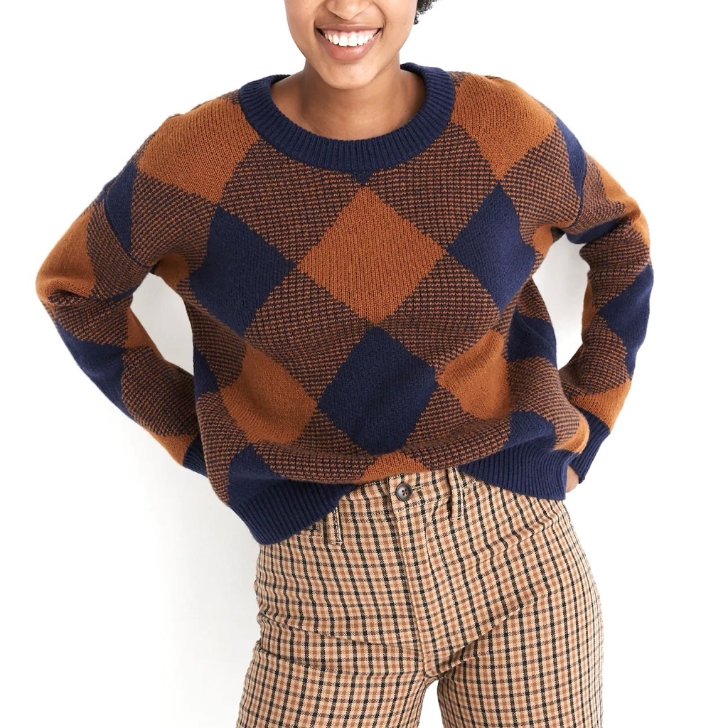 Madewell Womans Sweater NEW Wool Blend Plaid Sweater, Size S Orange Navy Blue