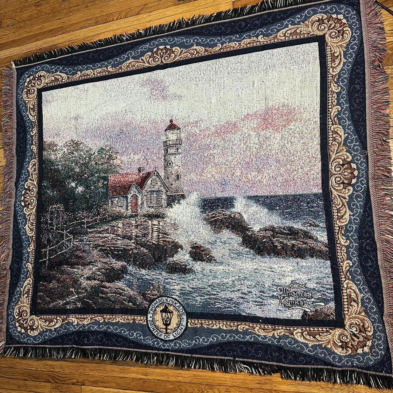 Vintage 1980s Thomas Kinkade Lighthouse Beach woven blanket / tapestry / rug