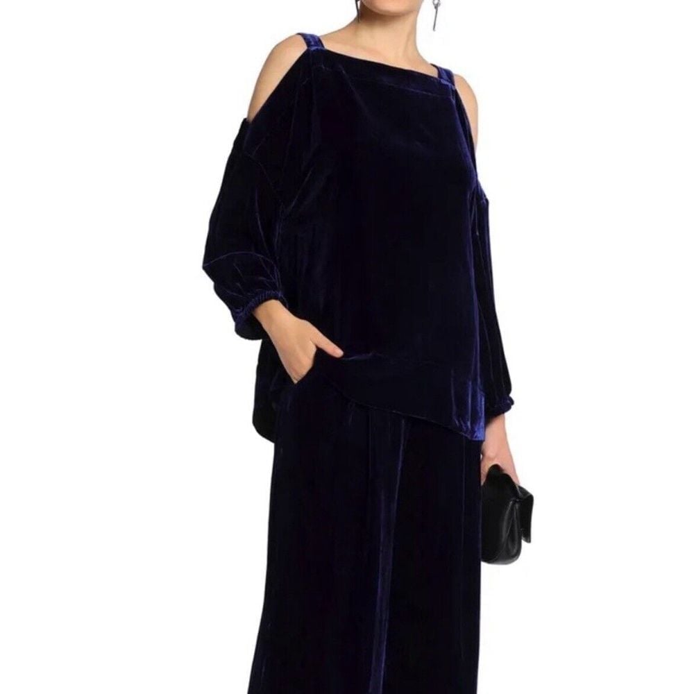 TIBI Women's Velvet Off-The-Shoulder Navy Silk Blend Top Size M New $395