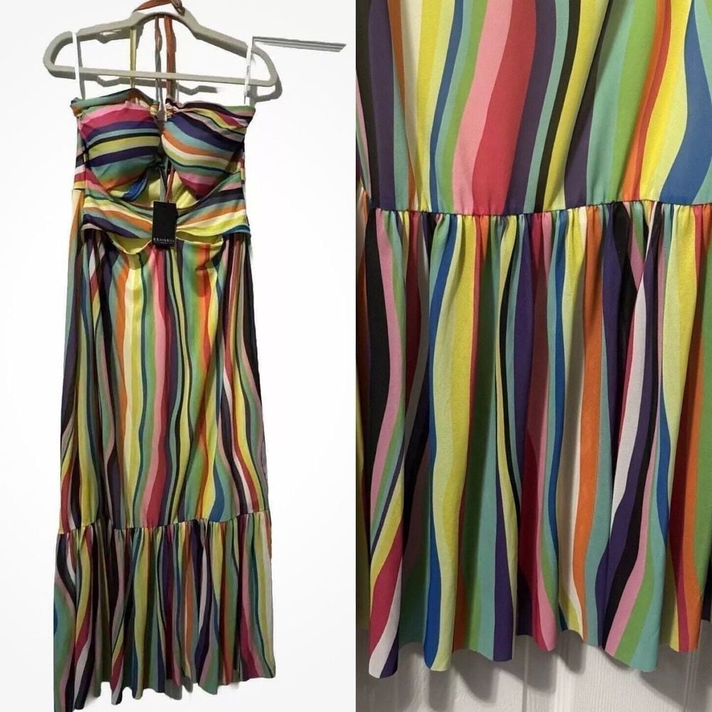 Eloquii Dress Womens 16 Rainbow Striped Halter Neck Strappy Cut Out Maxi