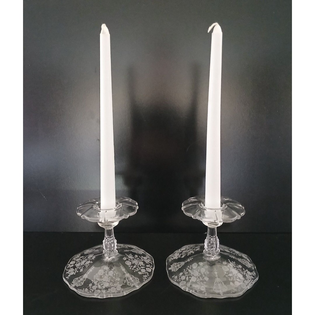 Cambridge Rose Point Floral Etched Clear Glass 4 Taper Candle Holders Elegant