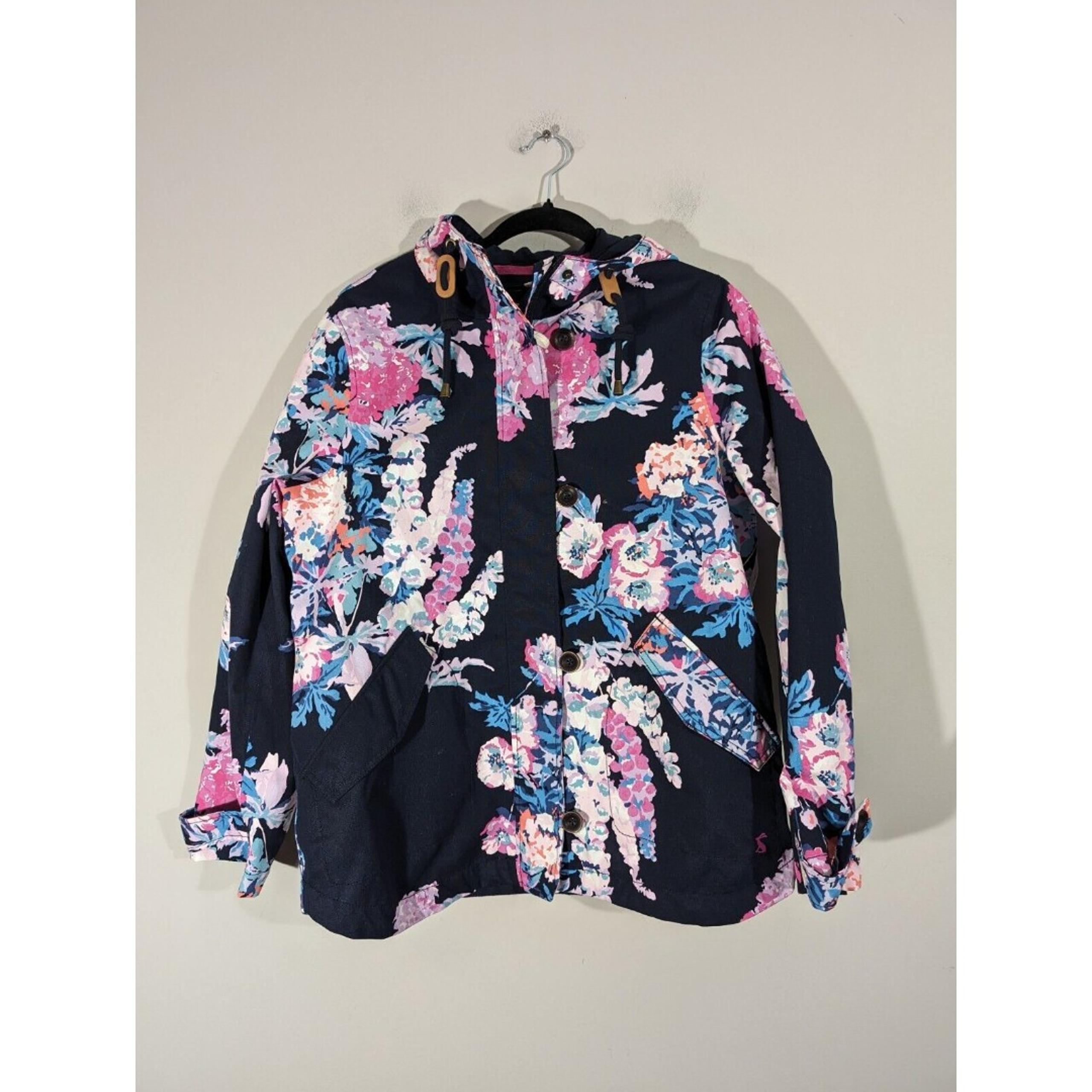 Joules Jacket Women Size 10 Floral The Coast Raincoat Navy Hooded Full Zip