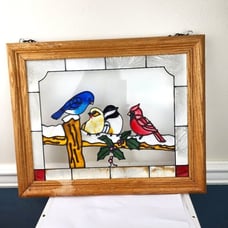 Stained Glass Birds Snow Window Wall Sun Catcher Art Framed Hanging