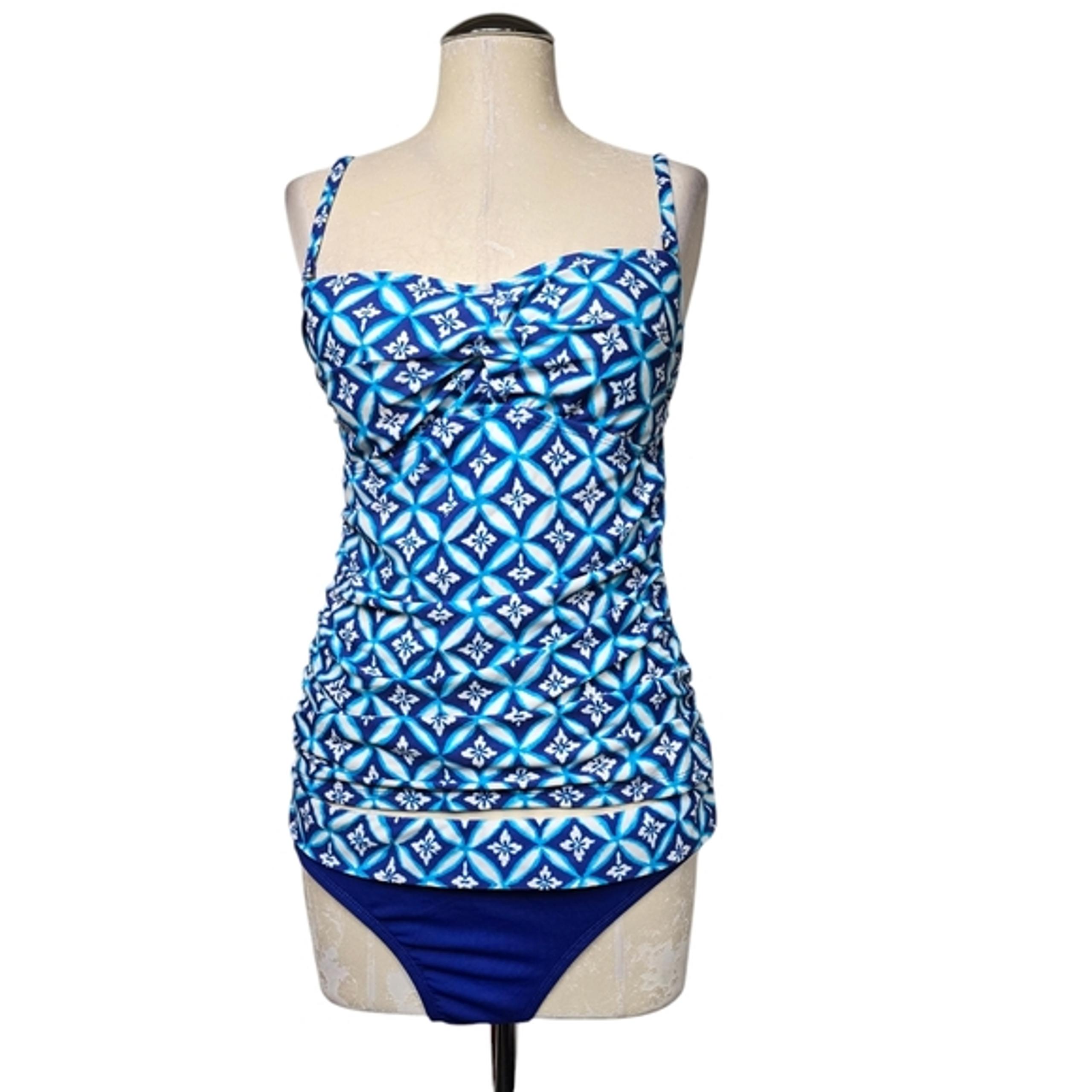 Chaps Blue White Geometric Print Tankini & Bikink Bottom Matching Set 12
