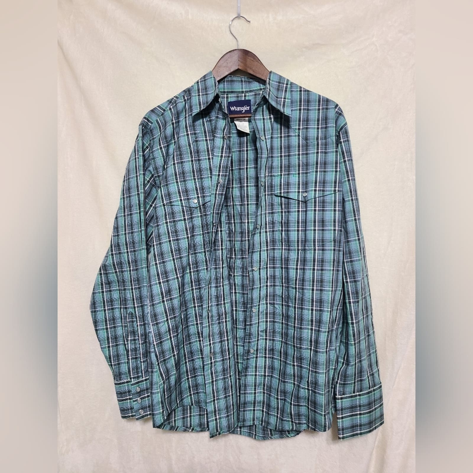 Wrangler Men's Aqua Plaid Pearl Snap Western Shirt Size L