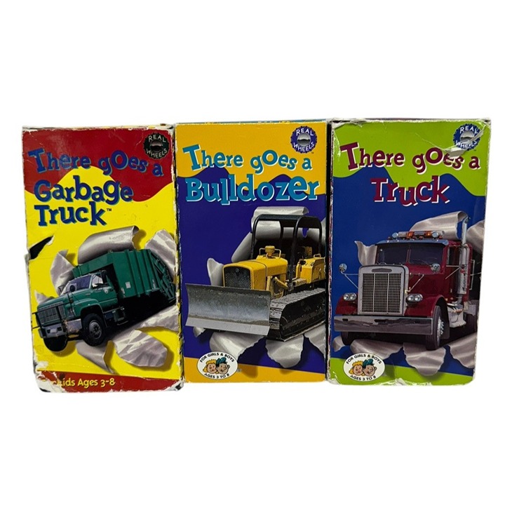 LOT (3) There Goes a Garbage Truck Bulldozer VHS Tapes Real Wheels Kidvision VTG
