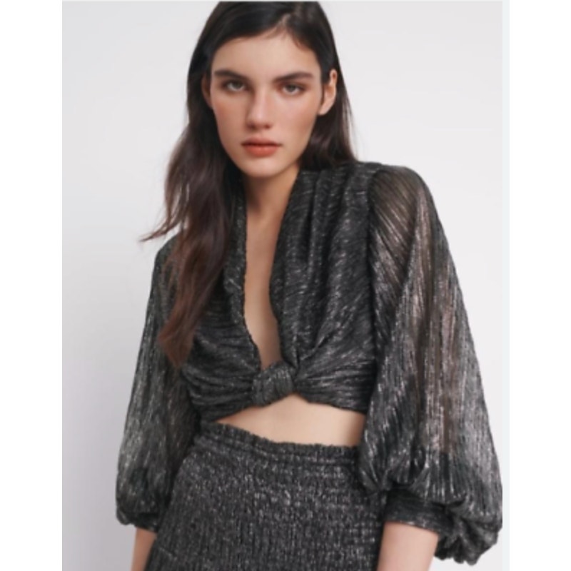 NWT Zara Metallic Lantern Sleeve Crop Top Silver Party Glam Long Sleeve Size XS